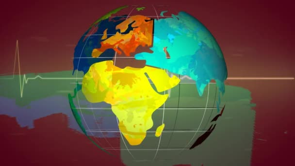 心拍数モニターと世界地図上で回転する地球のアニメーション グローバルビジネス金融と接続の概念デジタル生成されたビデオ — ストック動画