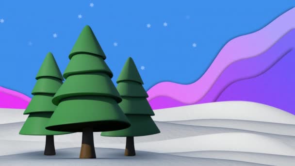 デジタル冬の風景の中に落ちる青と紫の形と雪のアニメーション クリスマス 伝統とお祝いのコンセプトデジタルで生成されたビデオ — ストック動画