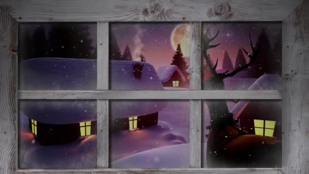 Wooden Window Frame Snow Falling Multiple Houses Trees Winter Landscape — Stock Video
