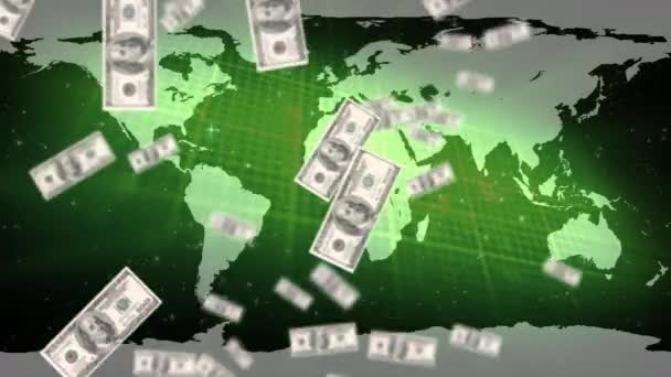 Animazione Banconote Dollari Americani Che Galleggiano Sulla Mappa Del Mondo — Video Stock