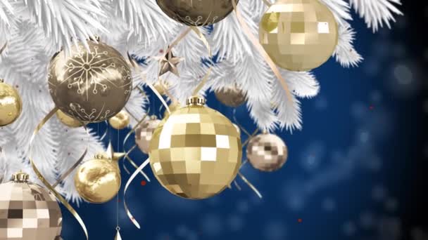 Animación Decoraciones Árboles Navidad Sobre Nieve Cayendo Sobre Fondo Azul — Vídeos de Stock