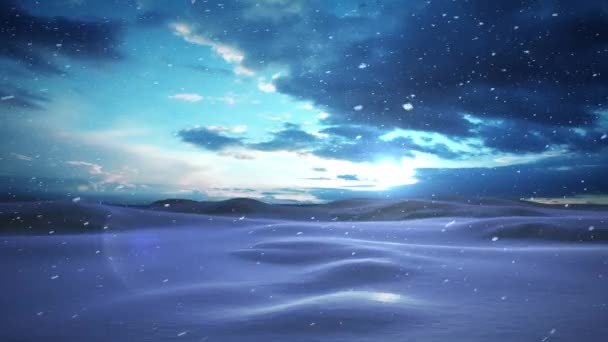 Kerstkrans Decoratie Sneeuw Vallen Boven Het Winterlandschap Tegen Blauwe Lucht — Stockvideo