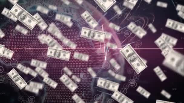 Animație Bancnote Dolari Americani Plutind Peste Monitorul Ritmului Cardiac Harta — Videoclip de stoc