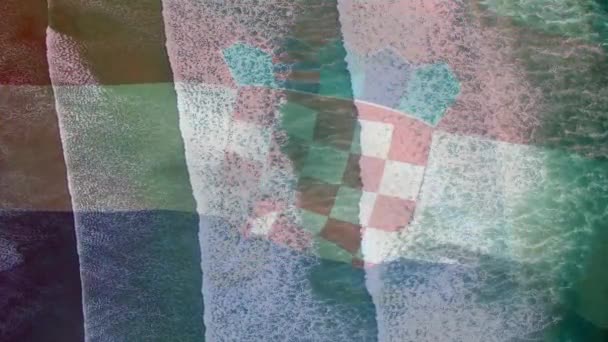 Digitale Samenstelling Van Zwaaiende Kroatische Vlag Tegen Zeezicht Vanuit Lucht — Stockvideo