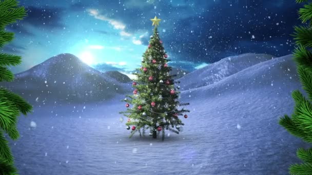 Zelený Strom Větve Proti Sněhu Padající Přes Vánoční Strom Zimní — Stock video