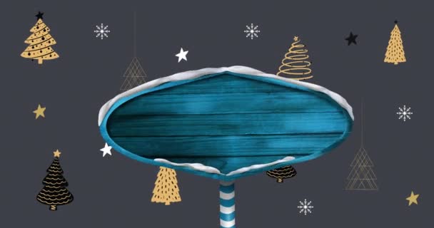 グレーの背景に複数のクリスマスツリーのアイコンに対する青の木製の標識ポスト クリスマス フェスティバルとお祝いのコンセプト — ストック動画