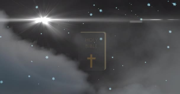Animación Cruz Cristiana Sagrada Biblia Sobre Caída Nieve Nubes Grises — Vídeo de stock