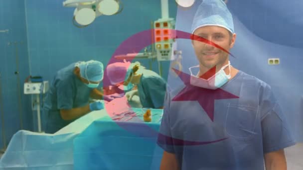 Animatie Van Vlag Van Algeria Zwaaiend Chirurgen Operatiekamer Wereldwijde Geneeskunde — Stockvideo