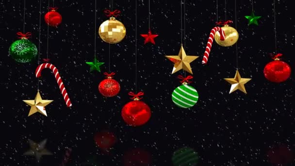 Animación Nieve Cayendo Sobre Decoraciones Árboles Navidad Sobre Fondo Negro — Vídeos de Stock