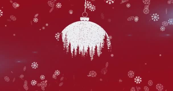 Снежинки Падают Рождественские Безделушки Висящие Красном Фоне Рождественский Праздник Концепция — стоковое видео