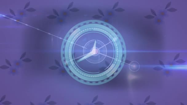 在紫色背景的连接和花朵的网络上动画时钟 全球科学和数字接口概念数字生成视频 — 图库视频影像