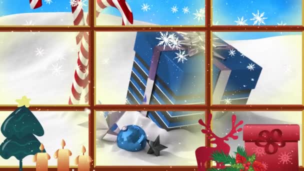 Animatie Van Sneeuw Vallen Kerstversiering Gezien Door Raam Kerstmis Traditie — Stockvideo