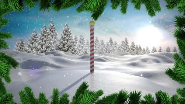 Ramos Árvore Natal Contra Neve Caindo Sobre Pólo Norte Paisagem — Vídeo de Stock