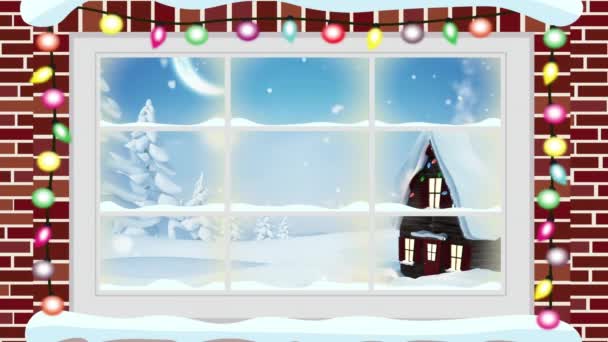 Animación Paisaje Invernal Casa Vista Través Ventana Navidad Tradición Concepto — Vídeos de Stock