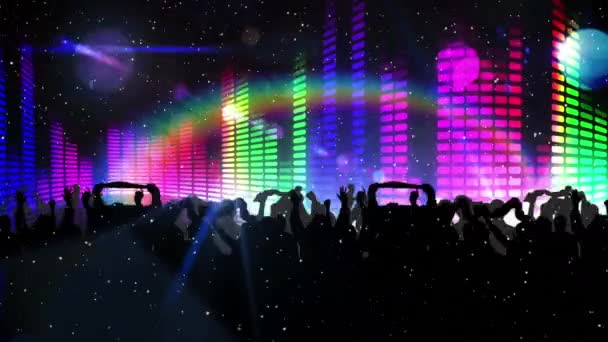 人们在聚会上被雪覆盖的动画 新年前夜派对及数码视讯庆祝概念 — 图库视频影像