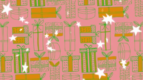 Animation Von Weihnachtsgeschenken Muster Über Sternschnuppen Auf Rosa Hintergrund Weihnachten — Stockvideo