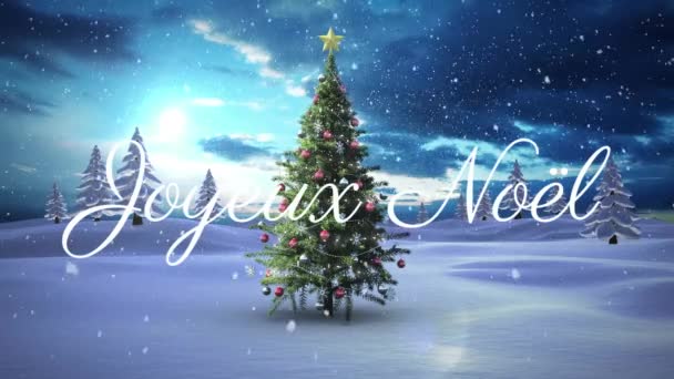 Animation Von Joyeux Noel Weihnachtsgrüßen Über Dem Weihnachtsbaum Winterlicher Landschaft — Stockvideo