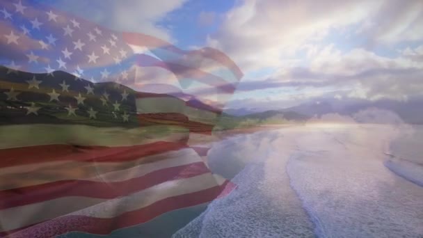 Sahilin Havadan Görüntüsüne Karşı Bize Bayrak Sallayan Dijital Bir Kompozisyon — Stok video