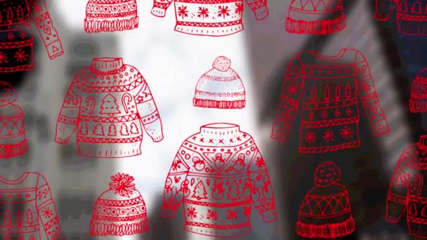 Animation Christmas Sweatshirts Hats Cityscape Background Christmas Winter Tradition Celebration — Stock Video