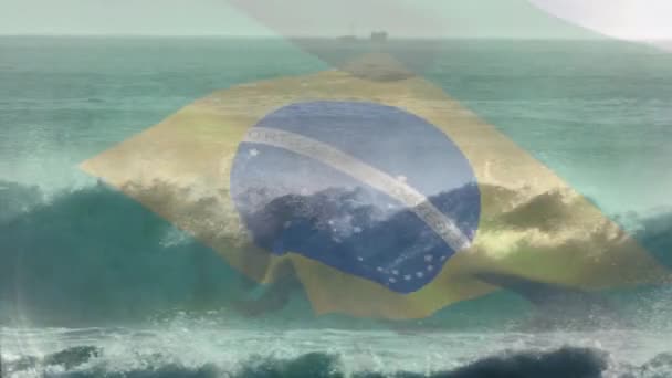 Animation Flag Brazil Blowing Waves Sea Travel Holidays Patriotism Celebration — Stock Video