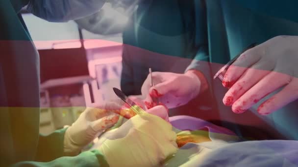 手术室里 德国国旗在外科医生面前飘扬 全球医学 围产期保健服务 数码制作的19种流行病概念视频 — 图库视频影像