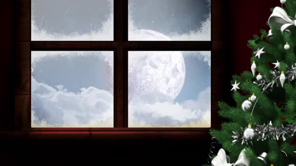 用雪橇和驯鹿把冬天的风景与桑塔连在一起 圣诞节 传统和庆祝概念数字制作的视频 — 图库视频影像