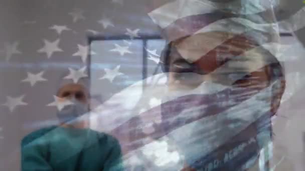 Animation Flag Usa Waving Surgeons Operating Theatre Global Medicine Healthcare — Stock Video