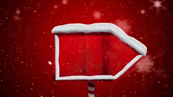 Сніг Падає Над Червоним Дерев Яним Стовпом Червоному Тлі Різдвяні — стокове відео