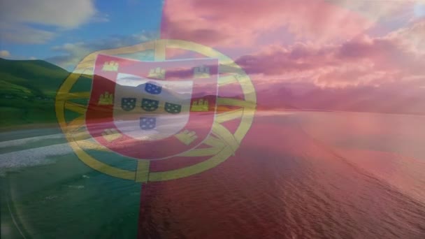Digital Sammansättning Portugal Flagga Viftar Mot Antenn Syn Vågor Havet — Stockvideo