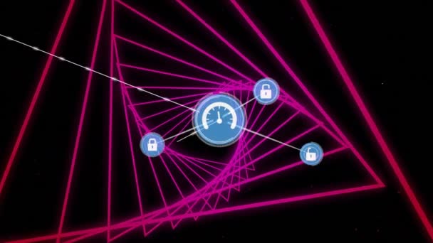 Cyfrowa Animacja Sieci Ikon Cyfrowych Tle Neonowego Różowego Świecącego Tunelu — Wideo stockowe
