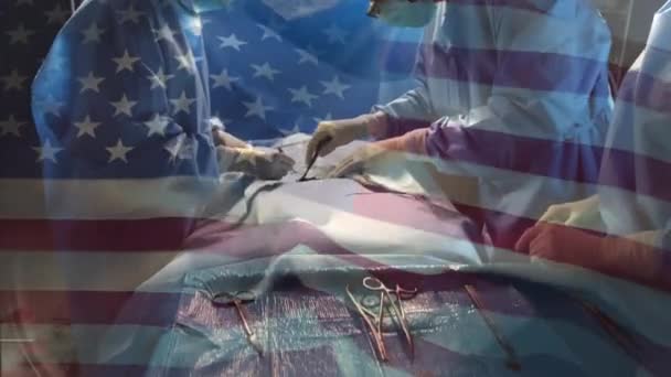 Animation Flag Usa Waving Surgeons Operating Theatre Global Medicine Healthcare — Stock Video