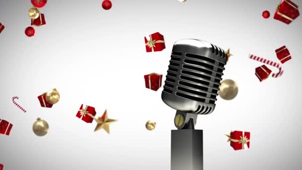 Animacja Vintage Mikrofon Prezentów Świątecznych Spada Białym Tle Boże Narodzenie — Wideo stockowe