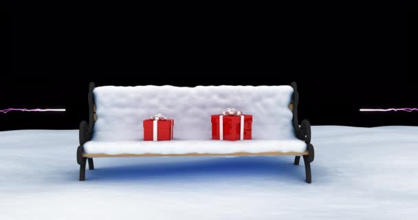 Animation Christmas Presents Bench Snow Fireworks Dark Background New Year — Stock Video