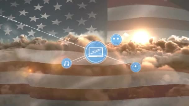 Network Digital Icons Waving Flag Clouds Sky Global Networking Cloud — Stock Video