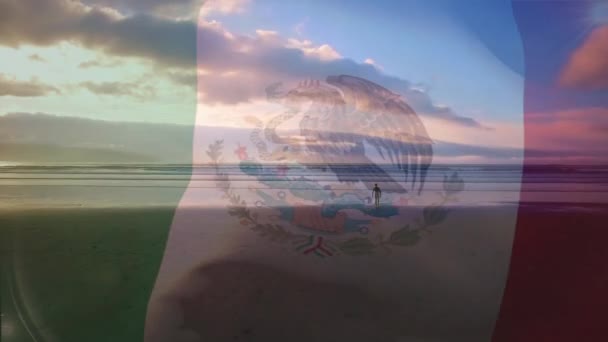 Digital Sammansättning Mexikanska Flaggan Viftar Mot Antenn Utsikt Över Stranden — Stockvideo