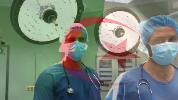 Animación Bandera Algeria Ondeando Sobre Cirujanos Quirófano Medicina Global Servicios — Vídeo de stock