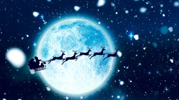 Snow Falling Santa Claus Sleigh Being Pulled Reindeers Moon Night — Stock Video