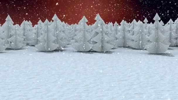 Sníh padající na více stromů na zimní krajině na červeném pozadí. vánoční slavnost a koncepce oslav
