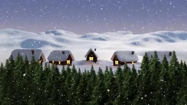 Snow Falling Winter Landscape Multiple Trees Houses Christmas Festivity Celebration — Stock Video