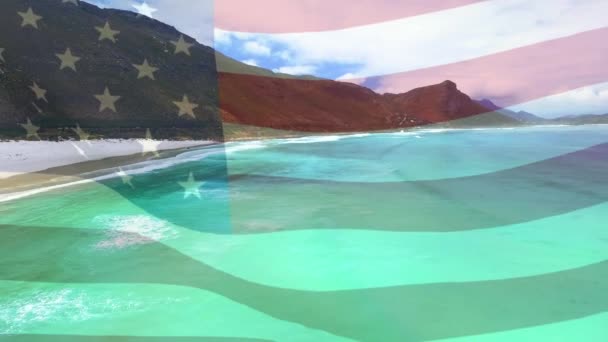 Цифровая Композиция Размахивания Флагом Против Воздушного Вида Пляж Морские Волны — стоковое видео