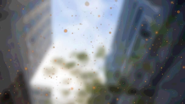 Анимация Сезонов Поздравляет Текст Оранжевыми Пятнами Падающими Фоне Городского Пейзажа — стоковое видео