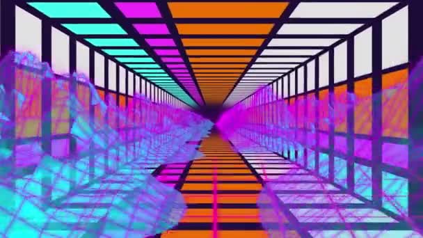 Hareket Eden Geometrik Renkli Bir Tünelin Dağların Ötesindeki Animasyonu Küresel — Stok video