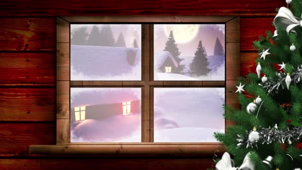 Animation Vinterlandskap Hus Och Santa Släde Sett Genom Fönstret Jul — Stockvideo