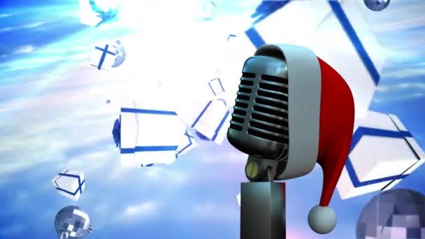 Animation Santa Hatt Vintage Mikrofon Med Julklappar Faller Himlen Bakgrund — Stockvideo