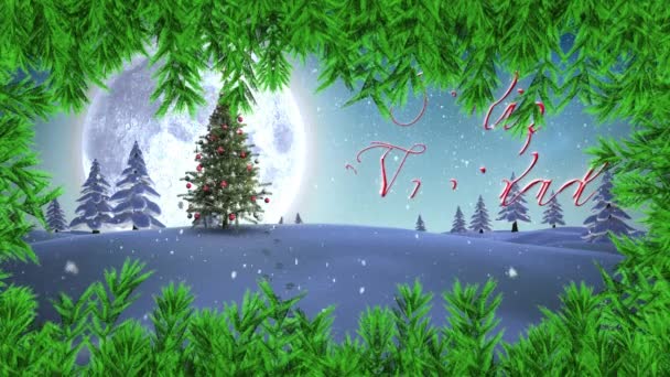 Joyeux Noel Tekst Gałęzie Drzew Przed Śniegiem Spada Choinkę Zimowy — Wideo stockowe
