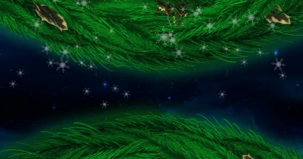 Decorazione Corona Natale Sopra Fiocchi Neve Che Cadono Contro Stelle — Video Stock