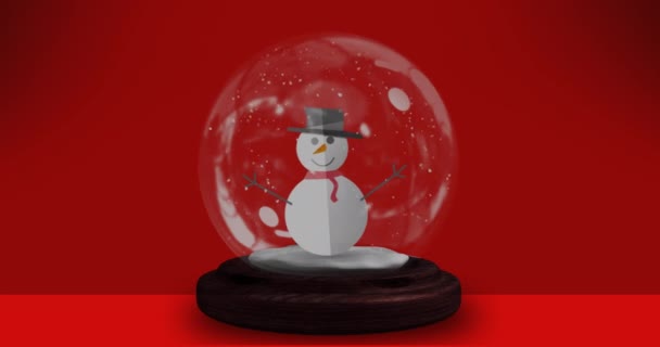 Animation Smiling Snowman Snow Globe Red Background Christmas Tradition Celebration — Stock Video