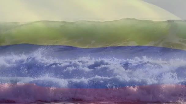 Composición Digital Ondear Bandera Columbia Contra Las Olas Mar Concepto — Vídeos de Stock