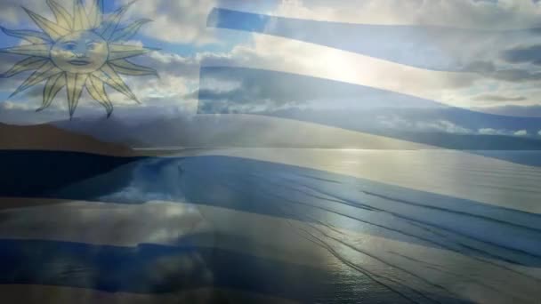 Digital Sammansättning Viftande Uruguay Flagga Mot Antenn Utsikt Över Stranden — Stockvideo