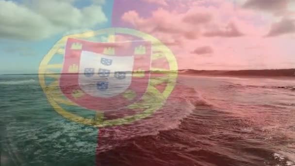 Digital Sammansättning Viftande Portugal Flagga Mot Antenn Syn Vågor Havet — Stockvideo